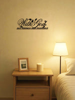 Bible Verse Metal Wall Art reading 'With God All Things Are Possible' above a nightstand in a cozy bedroom. Inspiring Christian decor for USA sale.