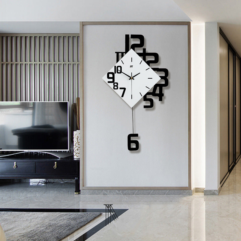 Personalized wall clock in black with bold numbers and quartz design, enhancing a contemporary living room wall. Stylish 15-inch decor piece.