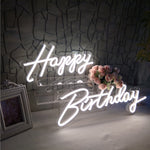 Happy Birthday LED Neon Sign in white script, part of the Oh Baby LED Neon Sign - Birthday Light Decor collection for festive party ambiance.