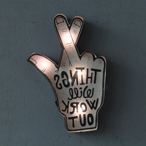 Custom LED neon sign shaped like a hand with crossed fingers and 'Things Will Work Out' text, ideal for bar or cafe wall decor.