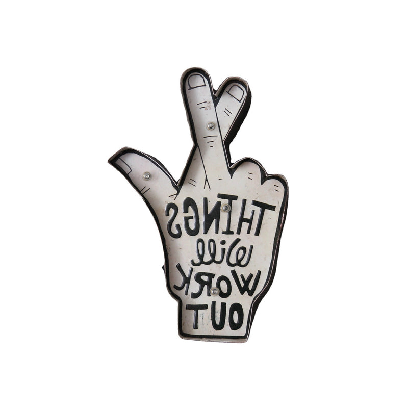 Minimalist LED neon wall sign with a hand gesture and inspirational quote, designed for cafes, bars, or creative interiors.