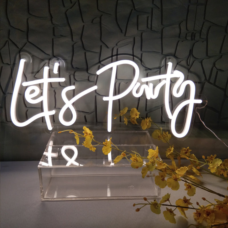 Let's Party LED Neon Sign in white, a lively addition to the Oh Baby LED Neon Sign - Birthday Light Decor for party-themed events.