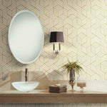Waterproof hexagon peel and stick wallpaper in a contemporary bathroom with oval mirror and vessel sink. Great for moisture-prone areas.