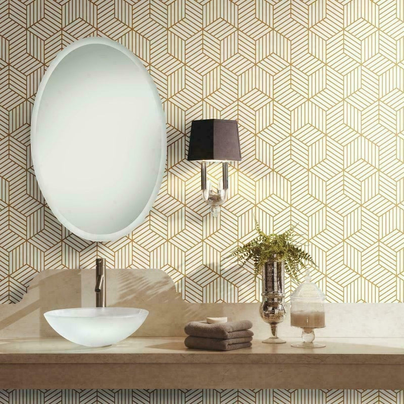 Waterproof hexagon peel and stick wallpaper in a contemporary bathroom with oval mirror and vessel sink. Great for moisture-prone areas.