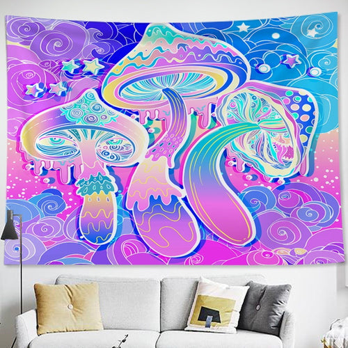 Bohemian tapestry wall decor featuring psychedelic mushrooms in pink, blue, and purple tones. Made from polyester fiber for bedroom aesthetics.