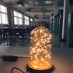 Atmosphere LED Night Lamp on a desk in a library setting, showcasing its soft glow and elegant wooden and glass design for ambient lighting.