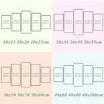 Size chart for 5 panel ocean wall art with four layout options in inches and centimeters. Ideal for selecting the perfect canvas dimensions.