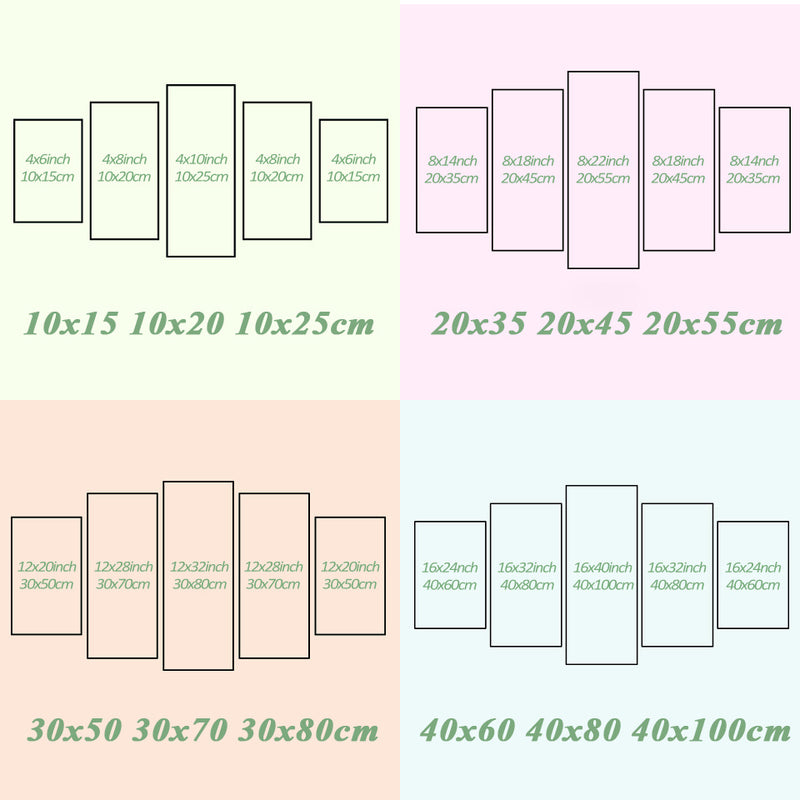 Size chart for 5 panel ocean wall art with four layout options in inches and centimeters. Ideal for selecting the perfect canvas dimensions.