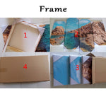 Framing process for 5 panel ocean wall art showing canvas wrapping, packaging, and unframed panels. Ready-to-hang canvas artwork.