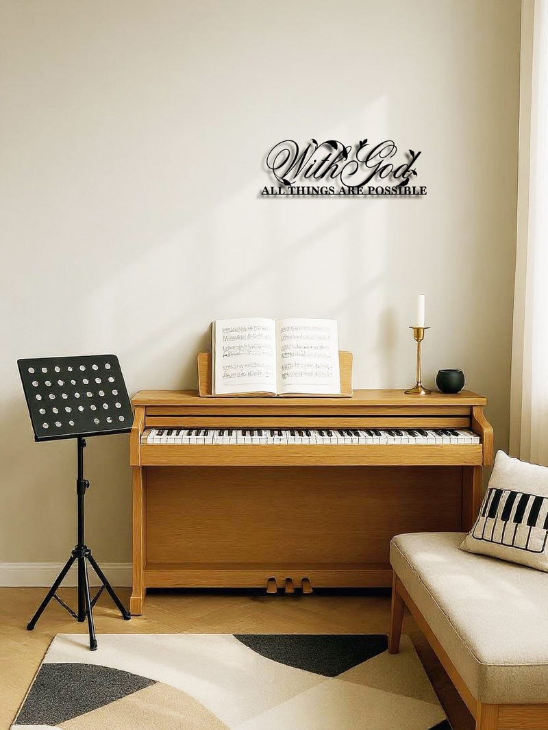 Inspirational Bible Verse Metal Wall Art above a piano in a music room. 'With God All Things Are Possible' sculpture for USA Christian home decor.