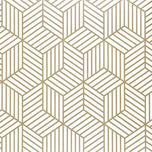 Close-up of gold and white hexagon peel and stick wallpaper pattern. Removable PVC design ideal for home decoration and wall transformation.