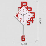 Red creative fashion wall clock with quartz movement and large 3D numbers. Personalized decor measuring 63cm x 34cm for modern interiors.