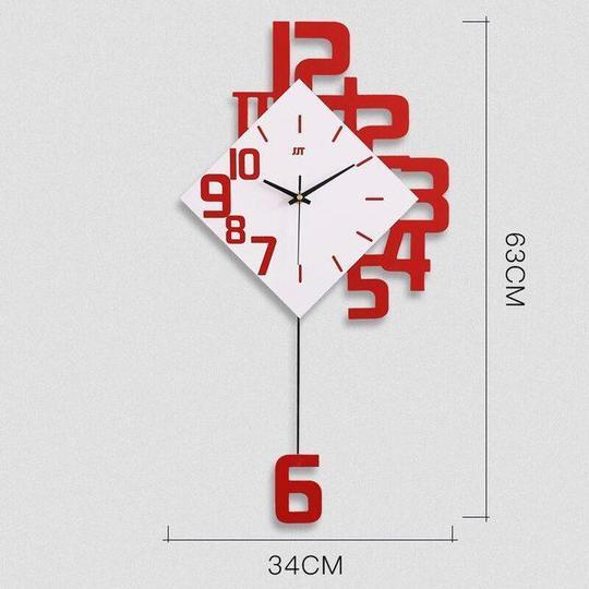 Red creative fashion wall clock with quartz movement and large 3D numbers. Personalized decor measuring 63cm x 34cm for modern interiors.