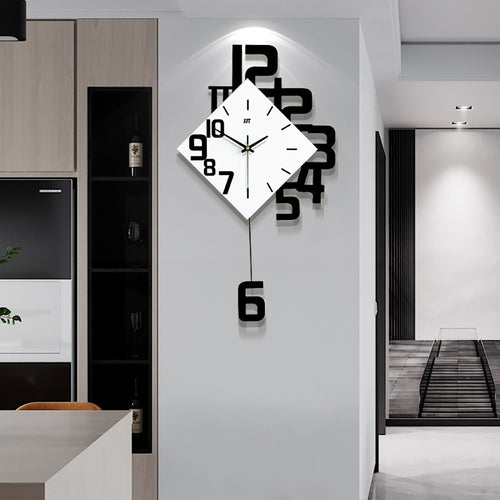 Creative fashion wall clock with black 3D numbers and quartz movement, mounted in a modern kitchen interior. Personalized decor in 15-inch size.