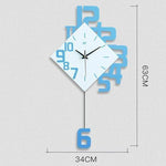 Blue quartz wall clock with creative number layout and personalized design. Fashionable 15-inch decor measuring 63cm x 34cm for modern spaces.