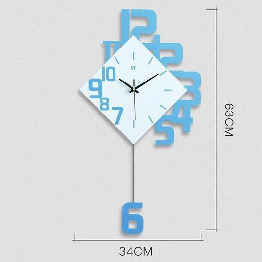 Blue quartz wall clock with creative number layout and personalized design. Fashionable 15-inch decor measuring 63cm x 34cm for modern spaces.