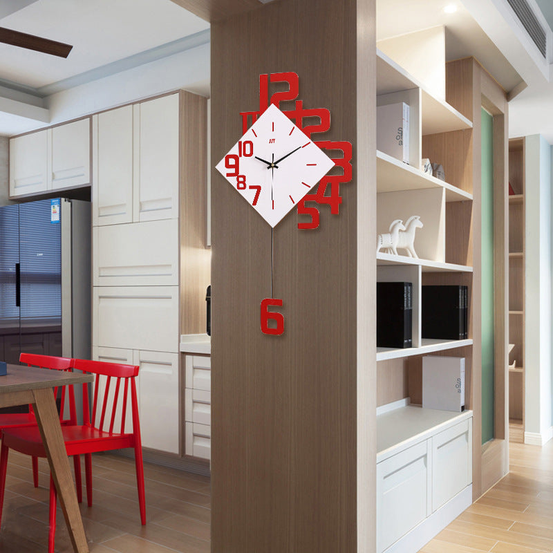 Red personalized wall clock with bold numbers and quartz design, featured in a stylish kitchen. Fashionable 15-inch decor for modern homes.