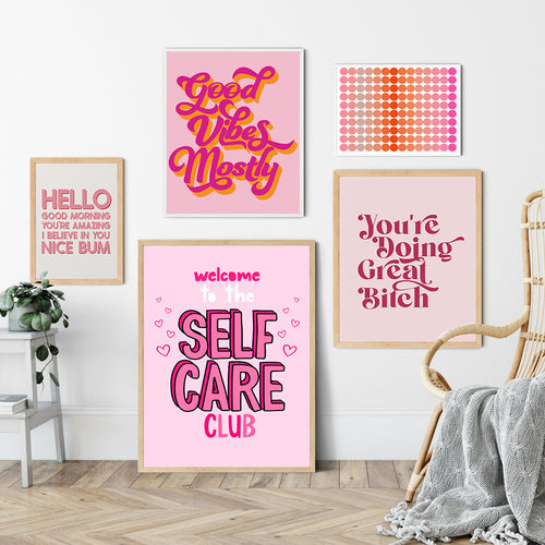 Funny Quotes Art - Modern Inspirational Poster set featuring pink-toned canvas prints with humorous self-care and motivational messages.