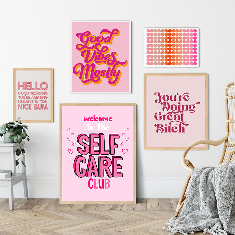 Funny Quotes Art - Modern Inspirational Poster set featuring pink-toned canvas prints with humorous self-care and motivational messages.
