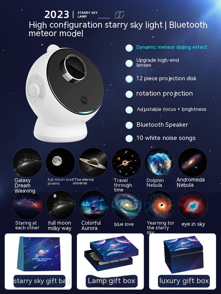 Galaxy Star Light Projector – Ambience Lighting with meteor sliding effect, Bluetooth audio, and 12 light themes for immersive room transformation.