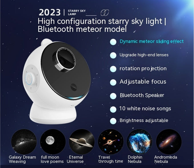 High-end Galaxy Star Light Projector with meteor effect, Bluetooth speaker, and 12 projection themes for ambient lighting and celestial room decor.