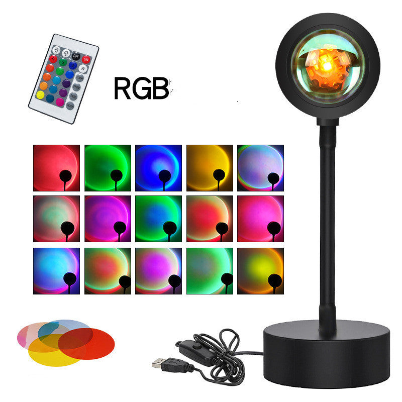 RGB Sunset Projection Lamp - Adjustable Decor with remote control and 16 color modes for customizable room lighting and atmosphere.